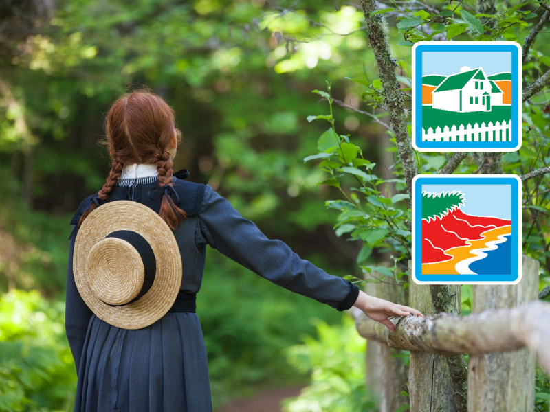 Image of back of Anne of Green Gables with Green Gables Shore and Red Sands Shore road signs in foreground