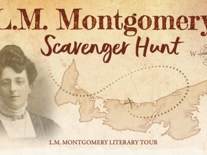 Graphic with images LM Montgomery and the province of PEI with text "L.M. Montgomery Scavenger Hunt"