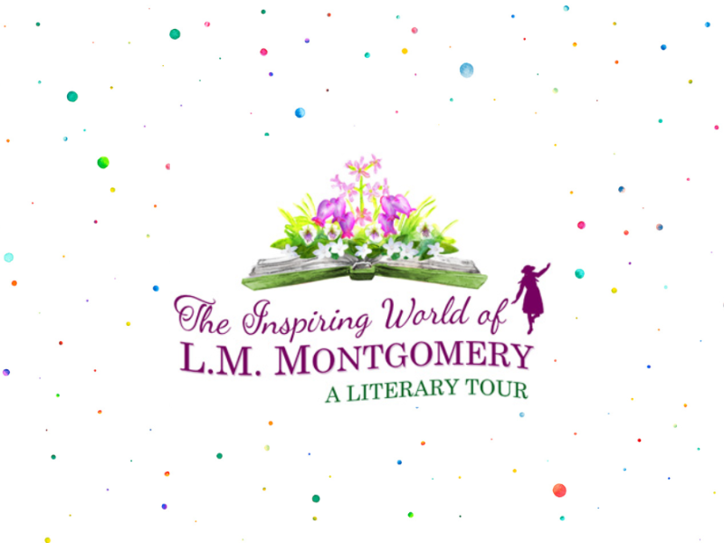 Inspiring World of LM Montgomery Literary tour logo with a white background with multicolored dots