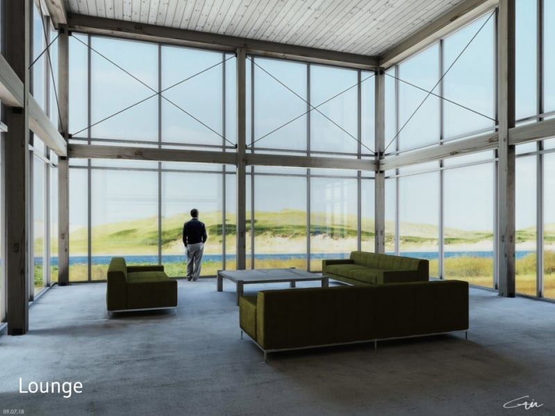 Artist's rendering of lobby of Blackbush at Old Tracadie Harbour with large windows overlooking the dunes