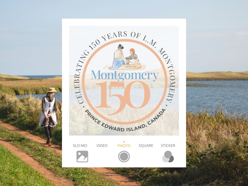Montgomery 150 logo with image of Anne character strolling in PEI National Park