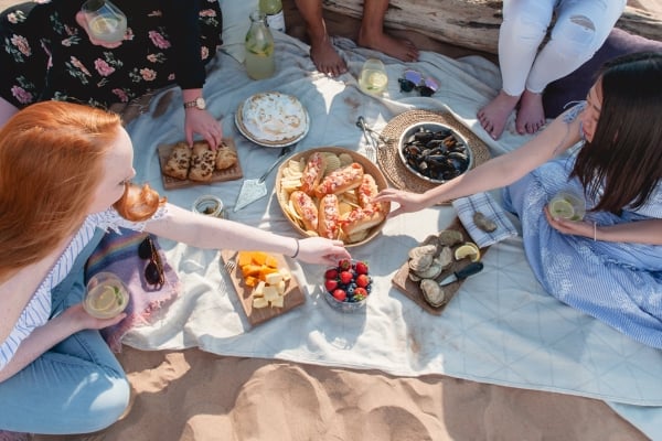 beach picnic, Group of people, food, sand