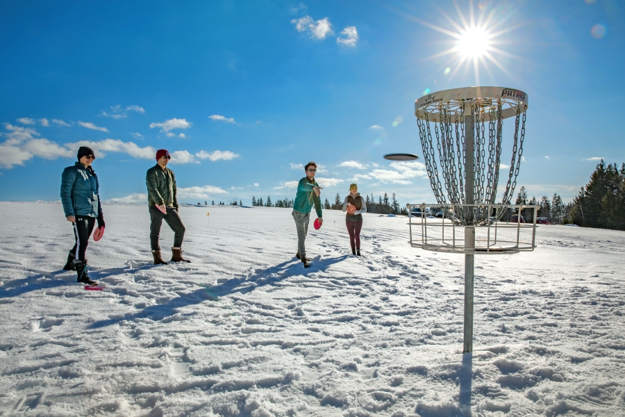 Group of 4 playing disc golf on a winter afternoon