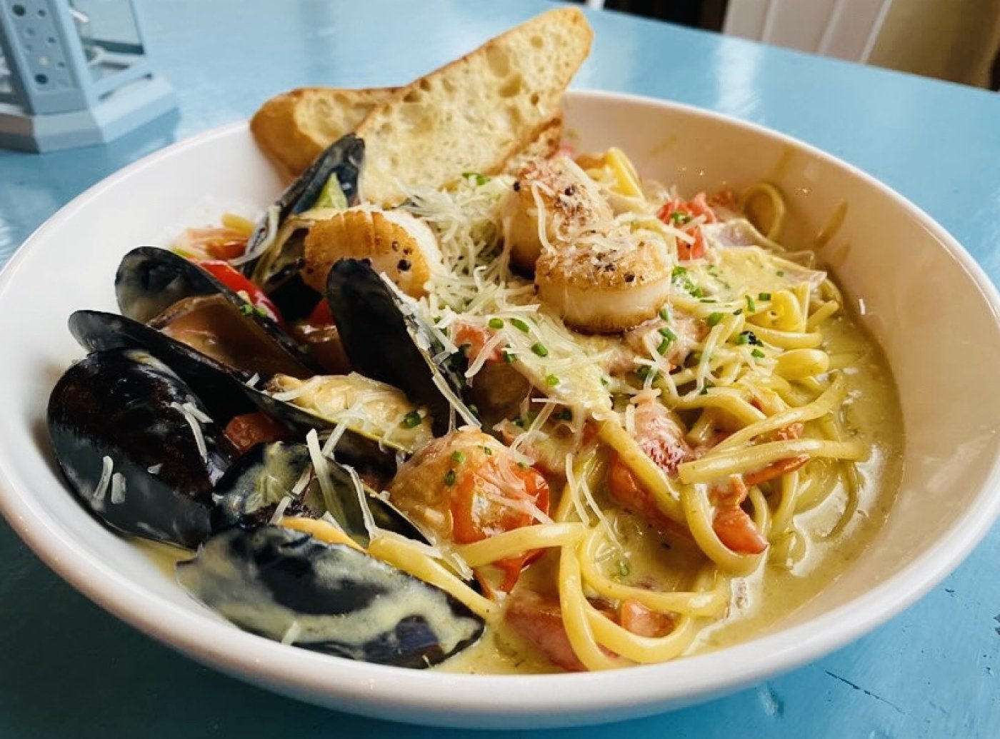 Plated seafood linguine at Landmark Cafe