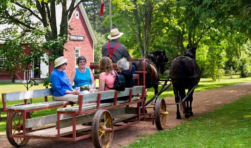 Group experiences a horse and wagon ride through the village in summer
