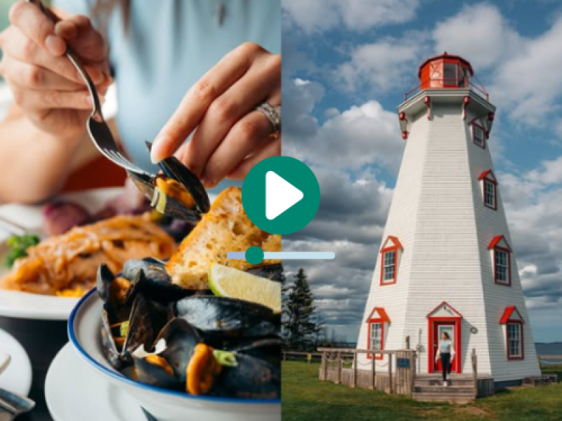 Screenshot of Instagram reel of bowl of PEI mussels, Panmure Island Lighthouse,