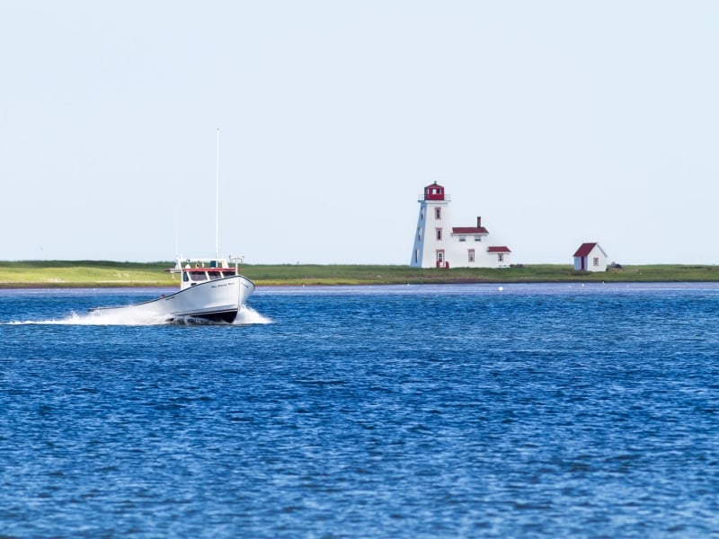 Fishing boat in Northport Harbour with Cascumpec Lighthouse in background