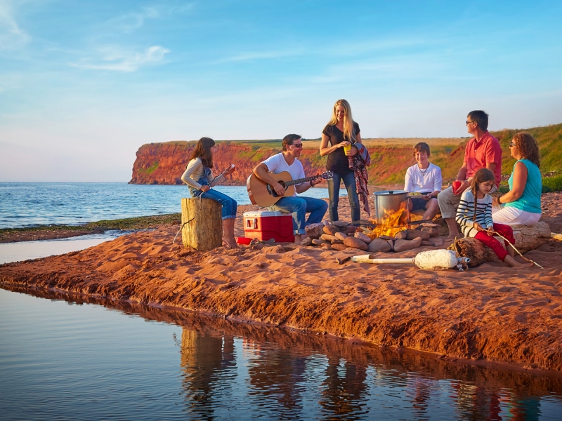 Group on beach, campfire