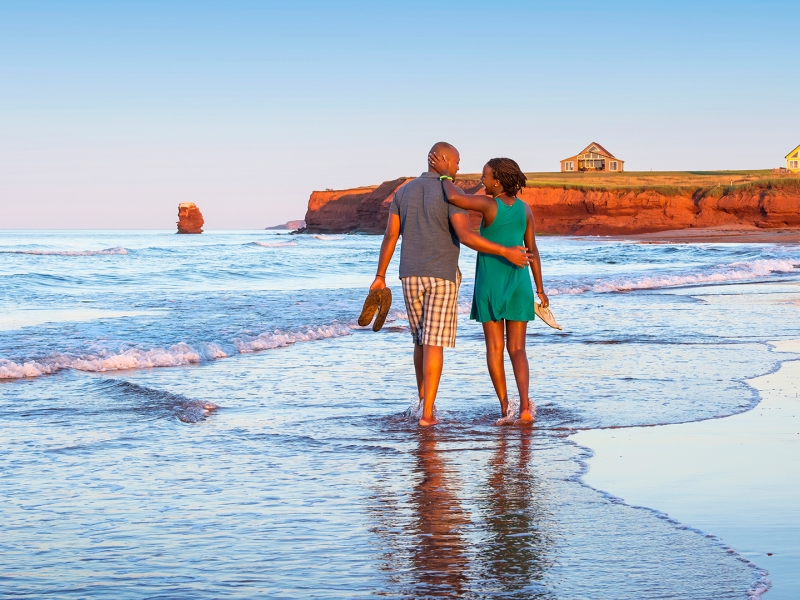 Sea View Beach, couple walking, back view, waves