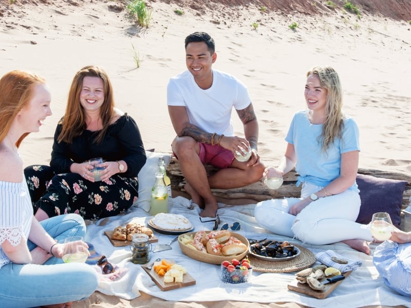 beach picnic, Group sitting, food, sand