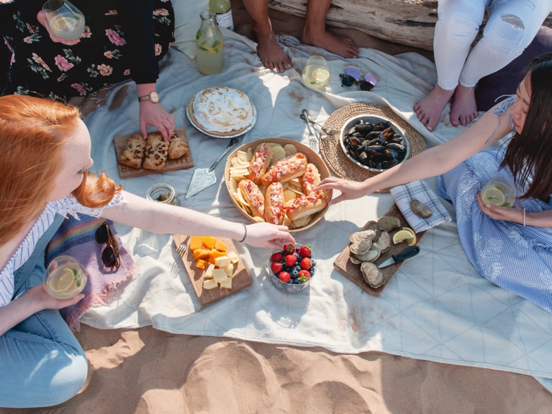 beach picnic, Group of people, food, sand
