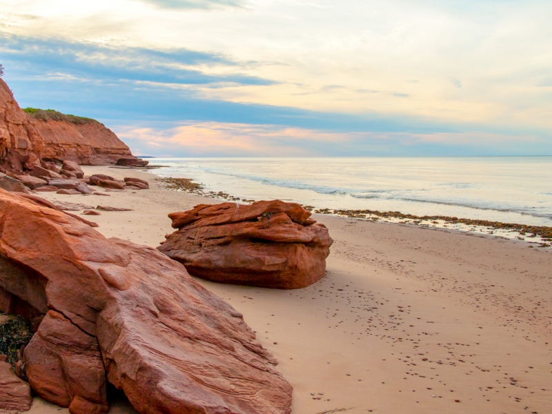 Cavendish Beach, ocean, rocks, sand, sky