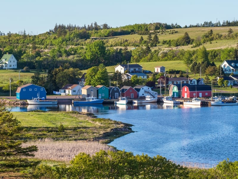 French River, village, hills, water