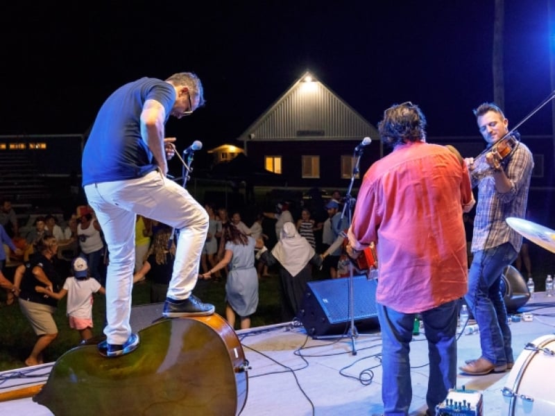 Musicians perform on stage at a summer festival