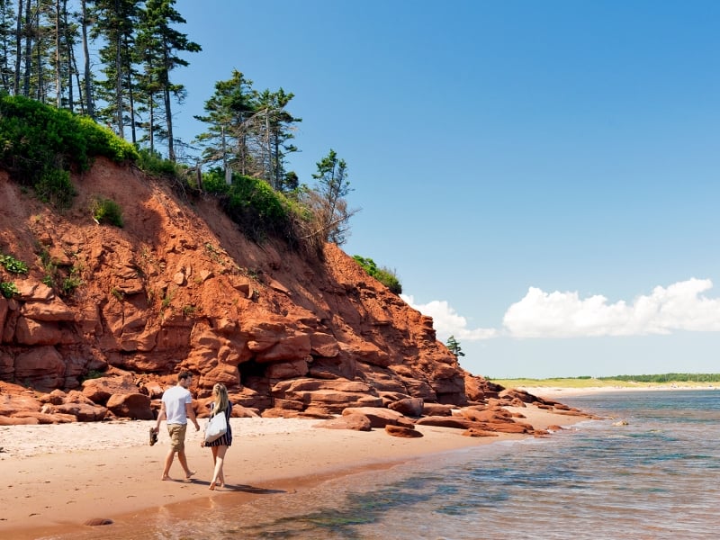 Basin Head, couple, beach, water, cliff, trees, walking