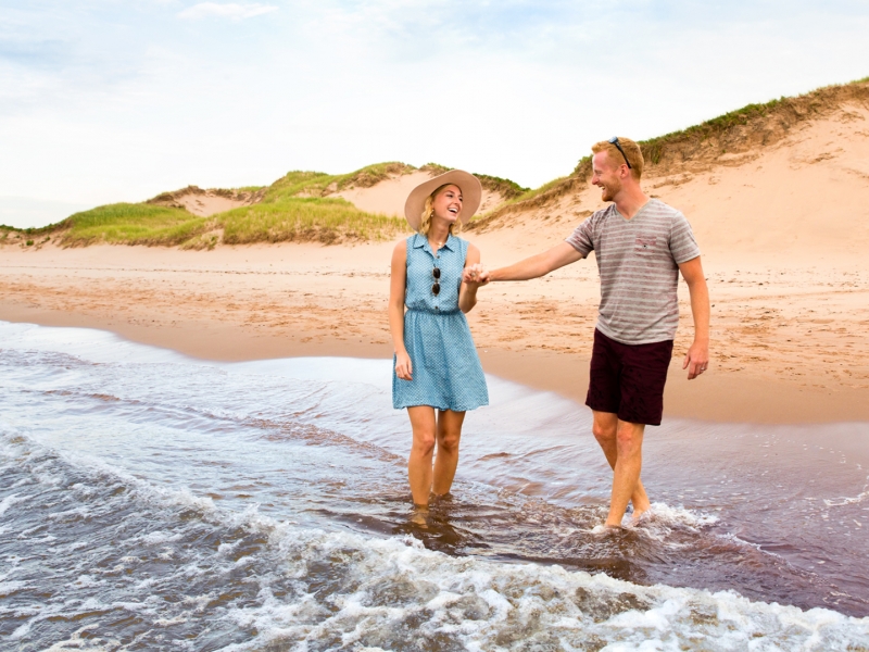 Lakeside Beach, couple, sand, water, hills