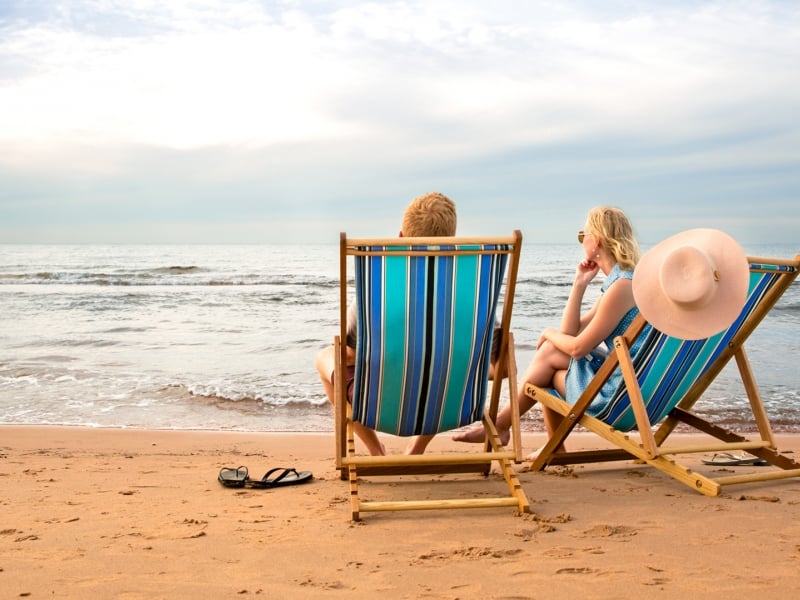 Lakeside Beach, beach chairs, couple, sand, sunhat