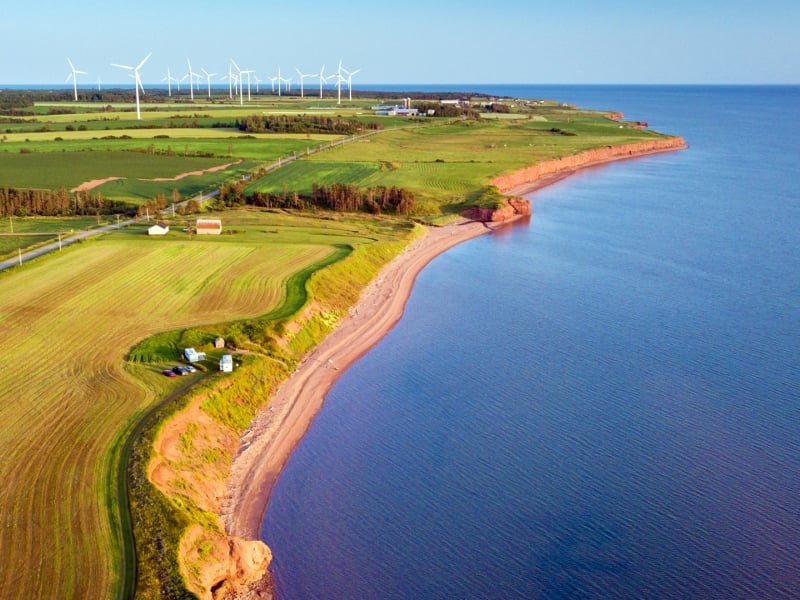 West cape, ocean, fields, wind turbines 