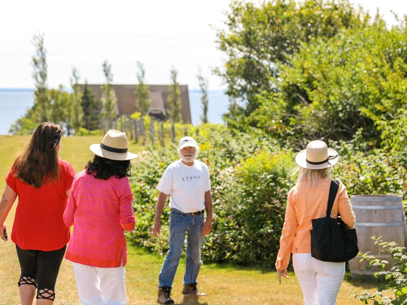 Group of three women and John Rossignol tour vineyard