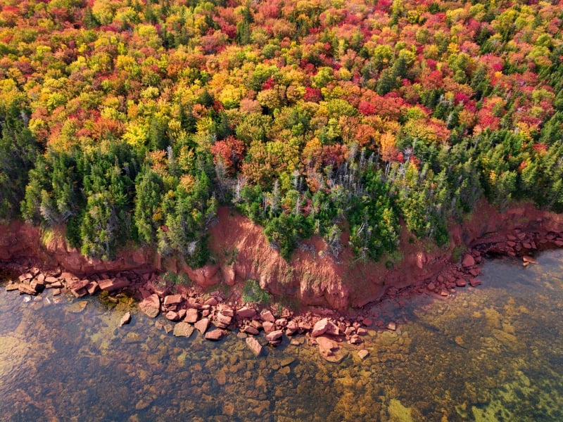 Aerial view of red cliffs and fall foliage, Howe Bay, PEI