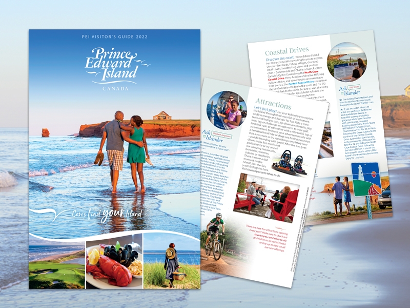 Images of 2022 Tourism PEI visitor's guide cover and 2 inside pages with beach scene as background
