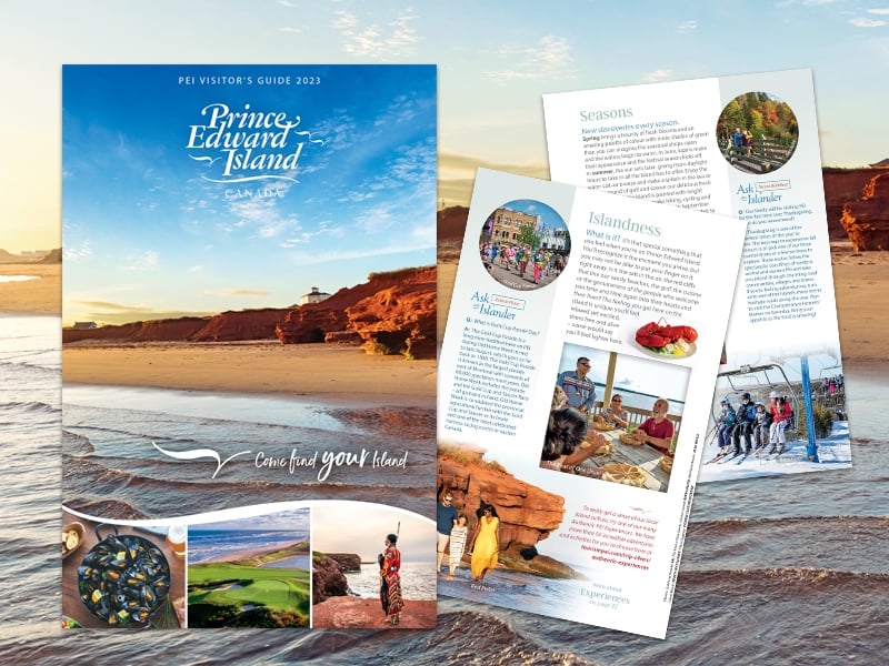 Photo collage with cover image of 2023 PEI Visitor's Guide and insure lure pages