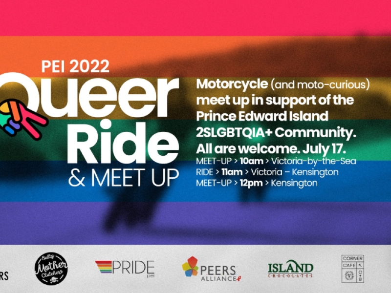 Rainbow graphic with "PEI 2022 Queer Ride & Meet Up"