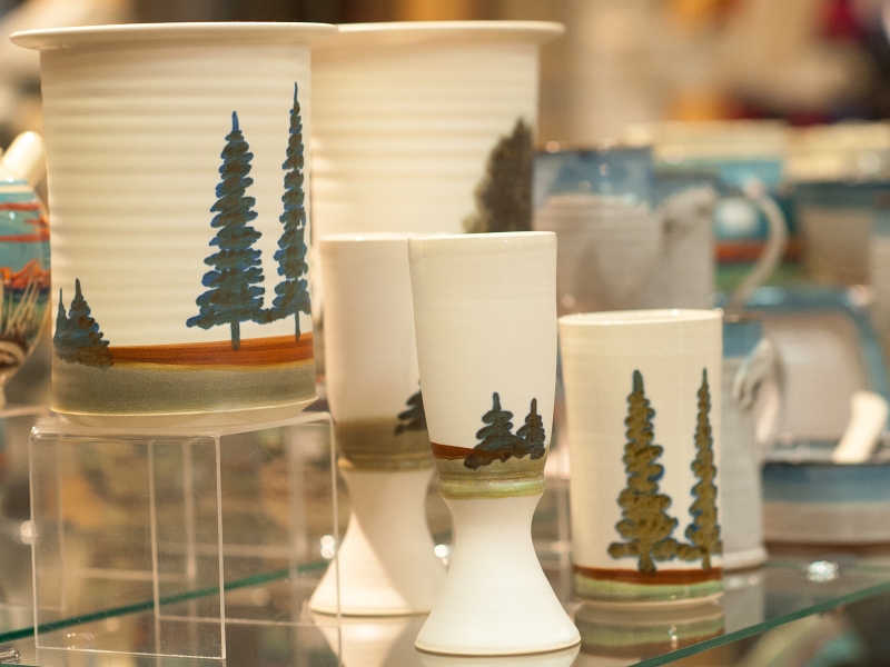 Michael Stanley pottery on display in gift shop