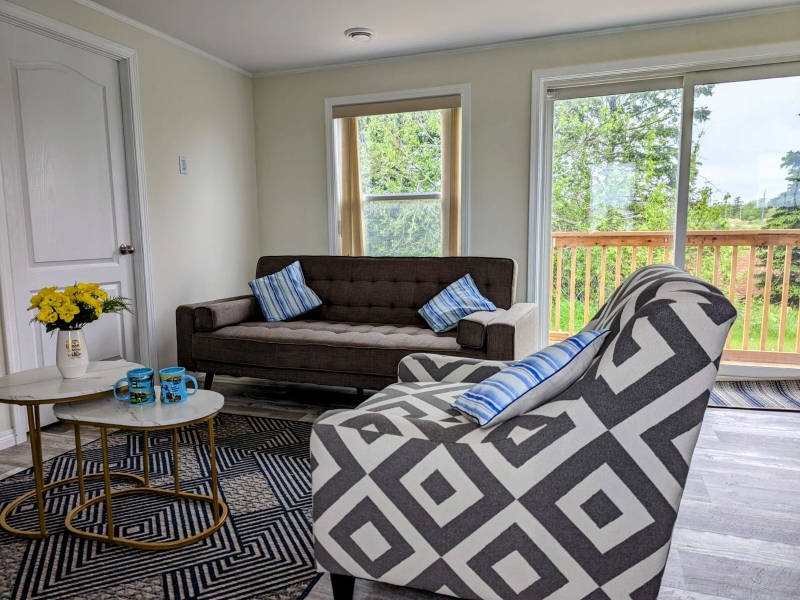inside photo of Livingroom with brown couch and patterned grey and white chair