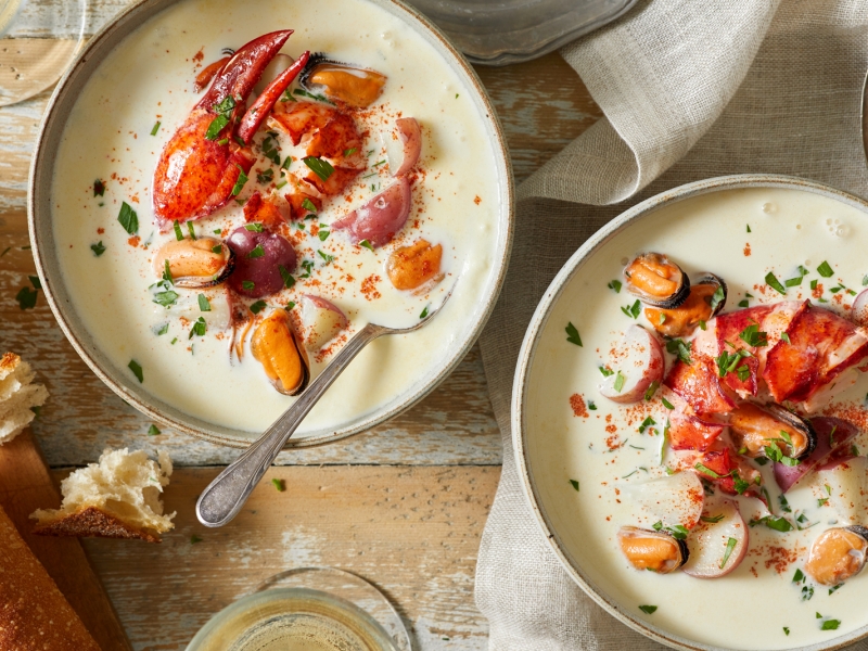 Two bowls of steaming PEI seafood chowder