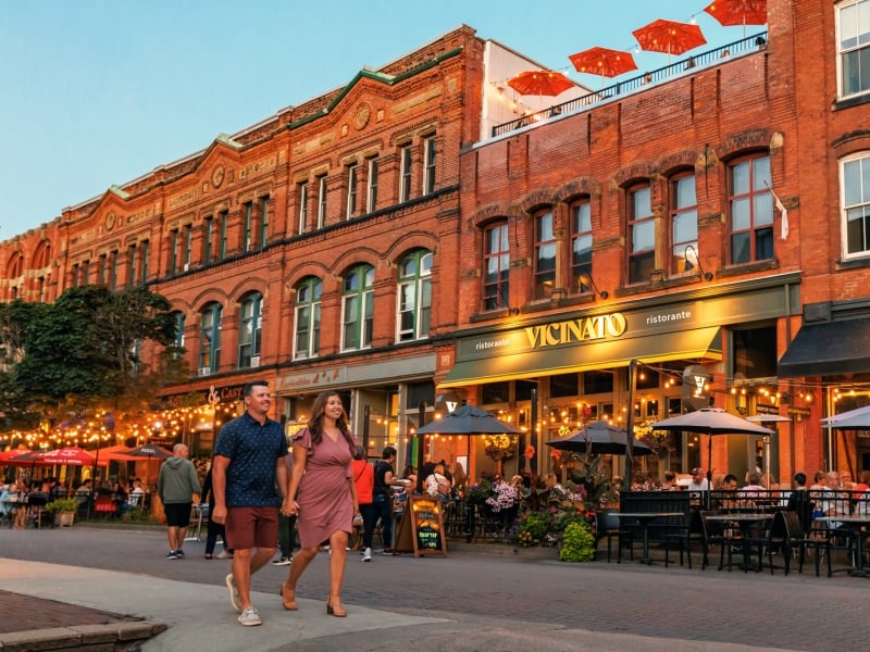 View of couple walking along Victoria Row at dusk in summer