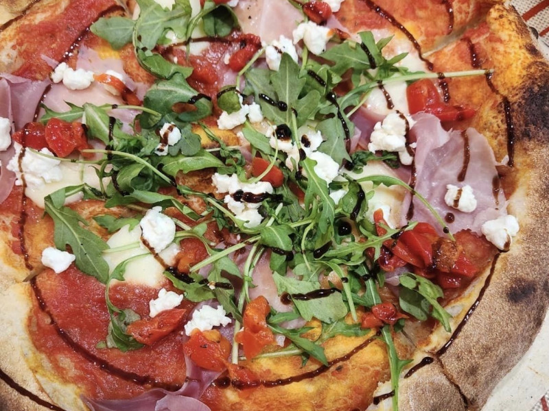Close-up of oven fired artisnal pizza