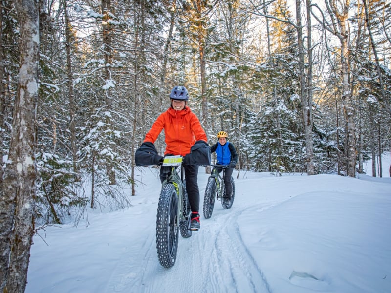 Duo on fat bikes on winter trail