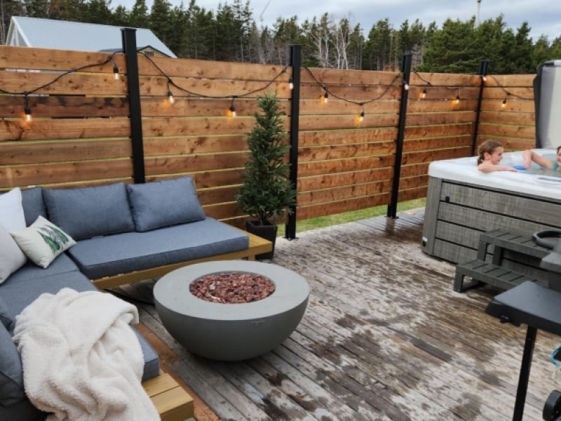 Outdoor deck with firepit and hot tub