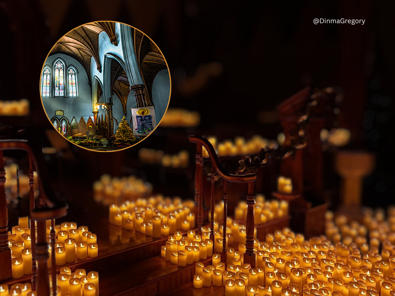 Candlelight concert with photo inserted of ceiling at Kirk of St. James
