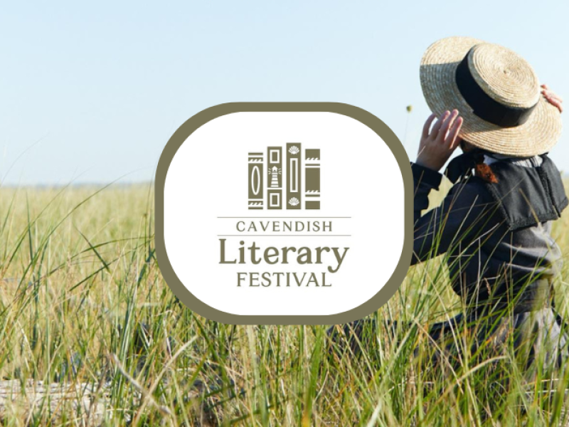 Anne of Green Gables character wearing straw hat looks out over field under blue sky with "Cavendish Literary Festival" logo in center