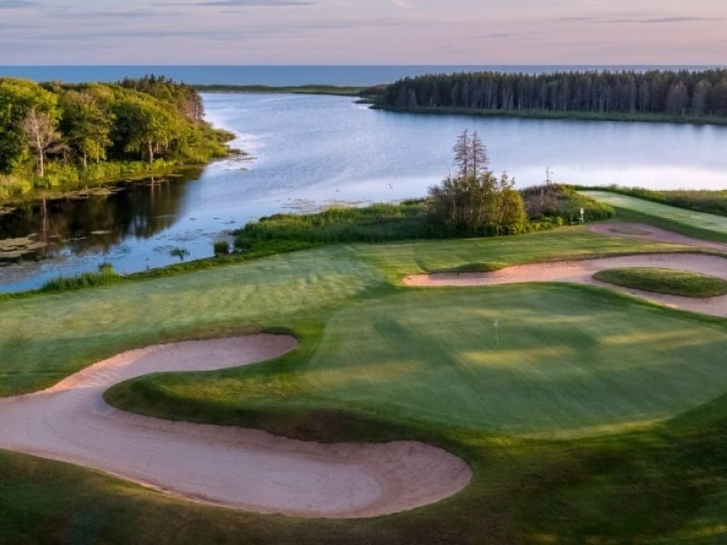 Aerial view of sand traps overlooking PEI National Park, Cavendish
