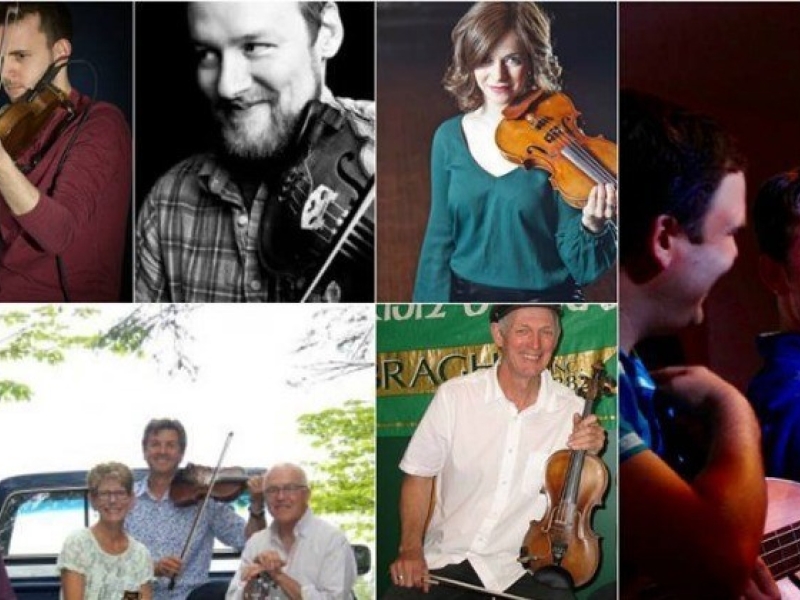 Image of different Island musicians holding their violins and different instruments in Prince Edward Island.  