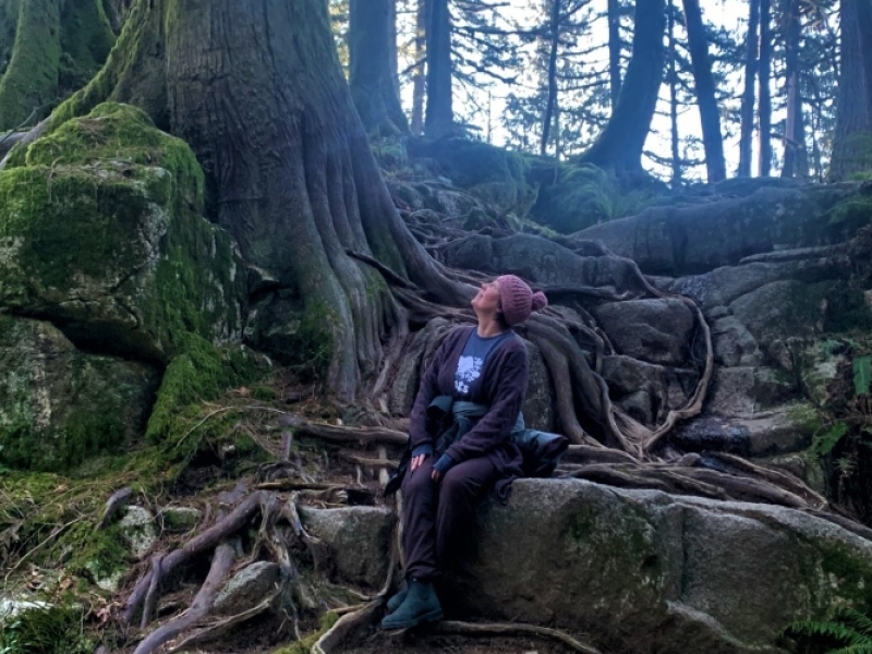 Cindy MacPherson, certified forest and nature therapy guide looks up at giant tree in forest