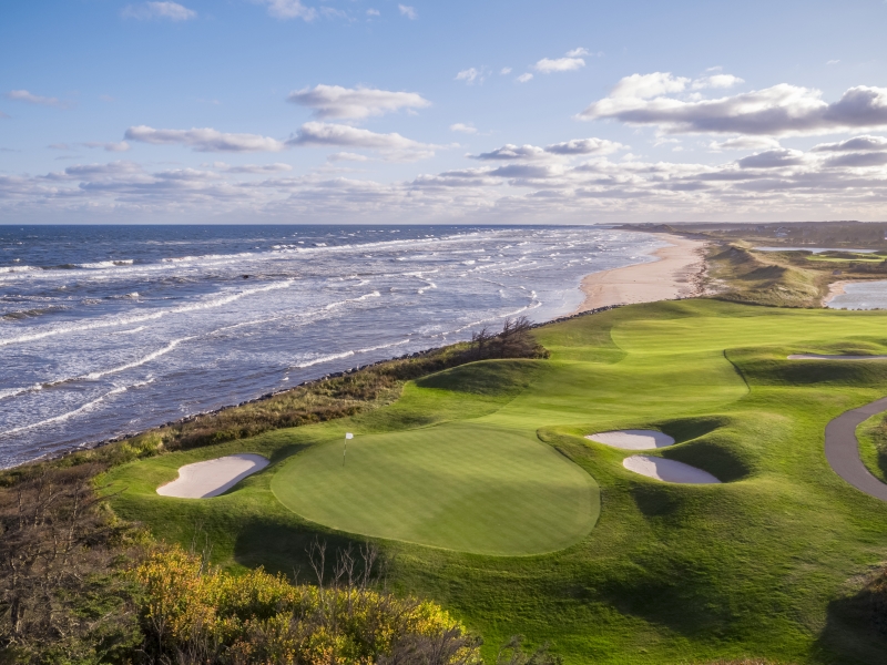 Aerial view of hole 16 at the Links at Crowbush Cove Golf Course