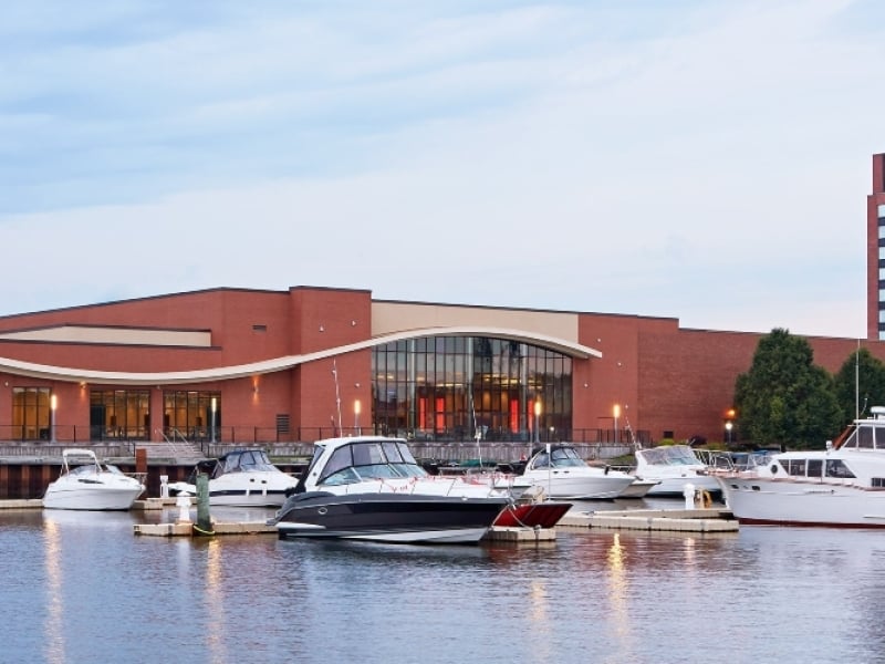 Exterior view of the Delta Hotel from the water