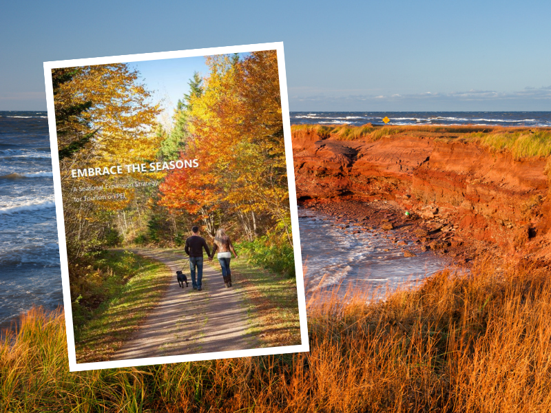 Cover of Embrace the Seasons Tourism Vision doc with couple walking on trail in fall with photos of red cliffs in background