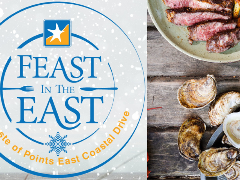 Graphic logo "Feast in the East: A Taste of Points East Coastal Drive" with image of oysters and beef