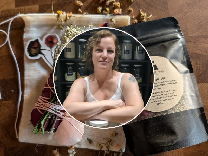 Amy Neels image in front of image of package Love Spell Tea and small bouquet of dried flowers and sticker