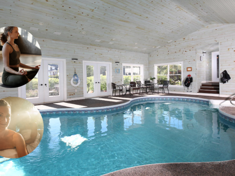 Image of indoor pool at Graham Inn with inserted stock images of yoga and sauna