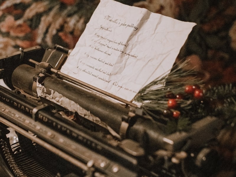 Image of L.M. Montgomery's typewriter with plum pudding recipe in paper carriage