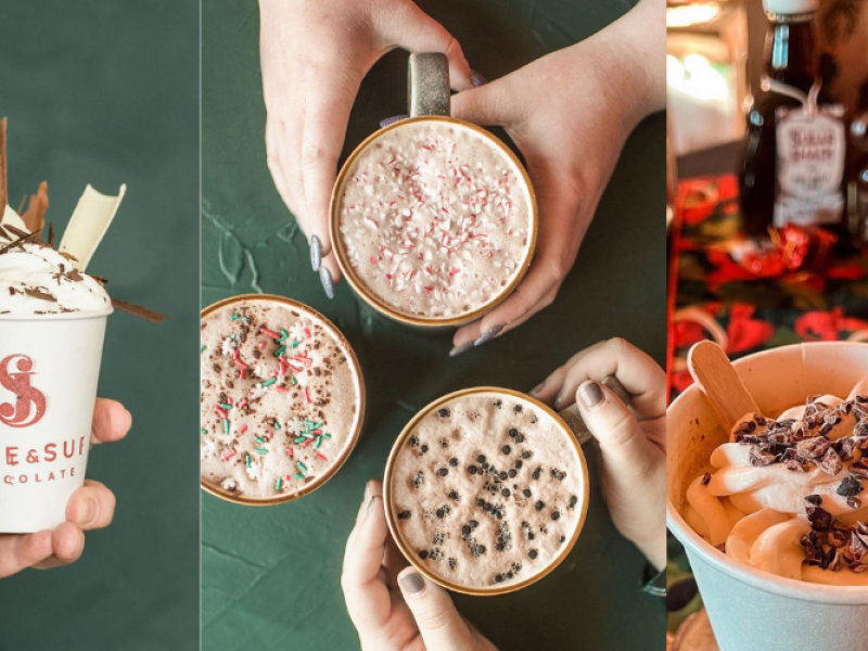 Images of three different specialty hot chocolate drinks of Hot Chocolate Trail