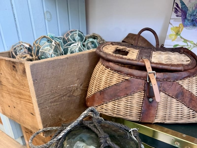 Vintage fishing buoys on display at Summer Talk gift shop