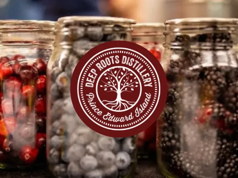 Three jars of PEI fruit with Deep Roots Distillery PEI logo in centre