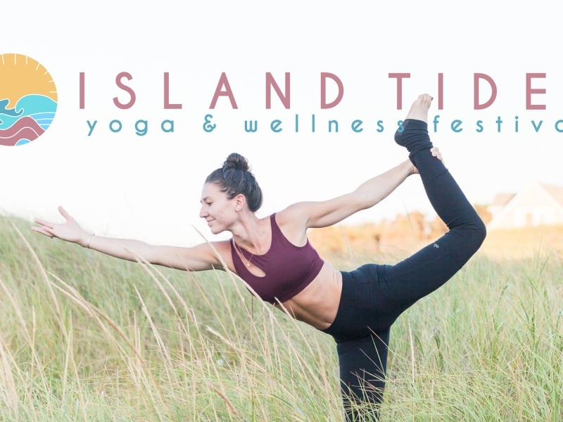 "Island Tides Wellness Festival" logo over image of a person doing a yoga pose in Prince Edward Island. 